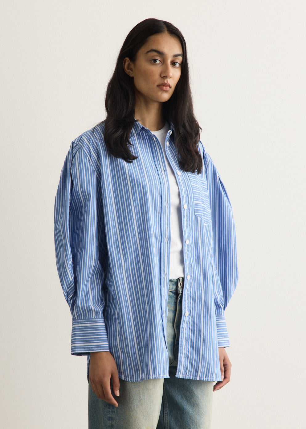 Oxford Stripe Pleated Sleeve Shirt