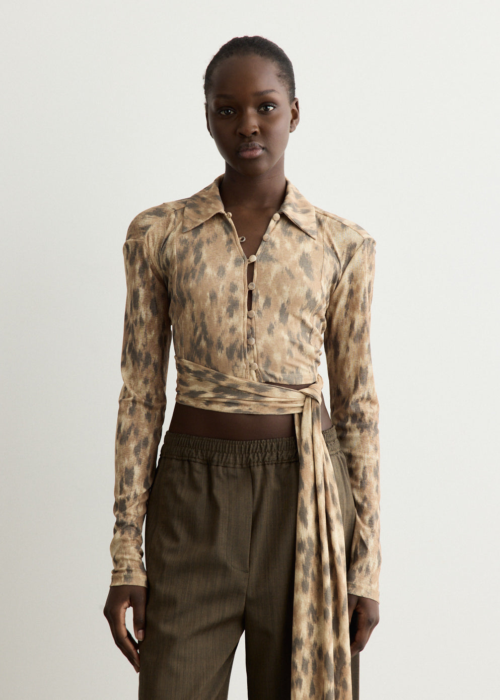 Printed Cropped Tie Blouse