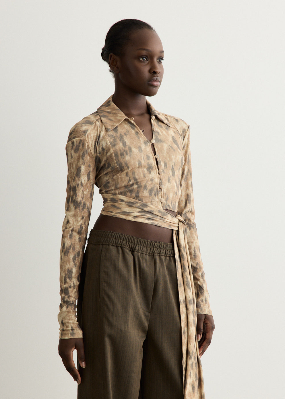 Printed Cropped Tie Blouse