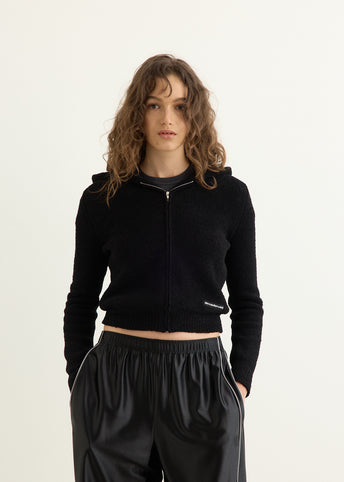 Shrunken Zip Up Hoodie With Knit Logo Label