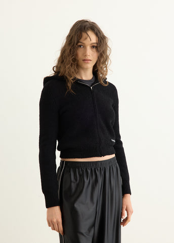 Shrunken Zip Up Hoodie With Knit Logo Label