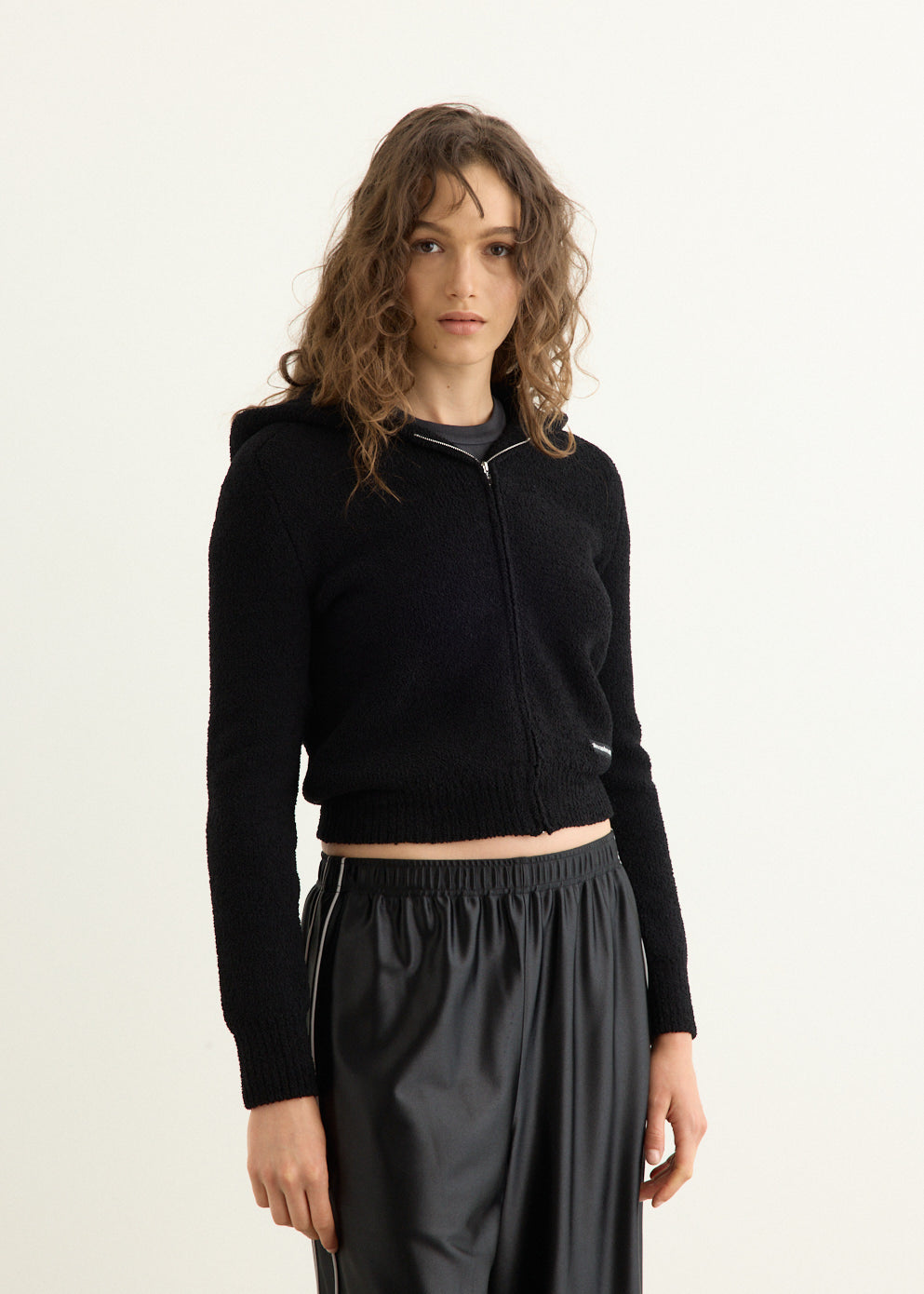 Shrunken Zip Up Hoodie With Knit Logo Label