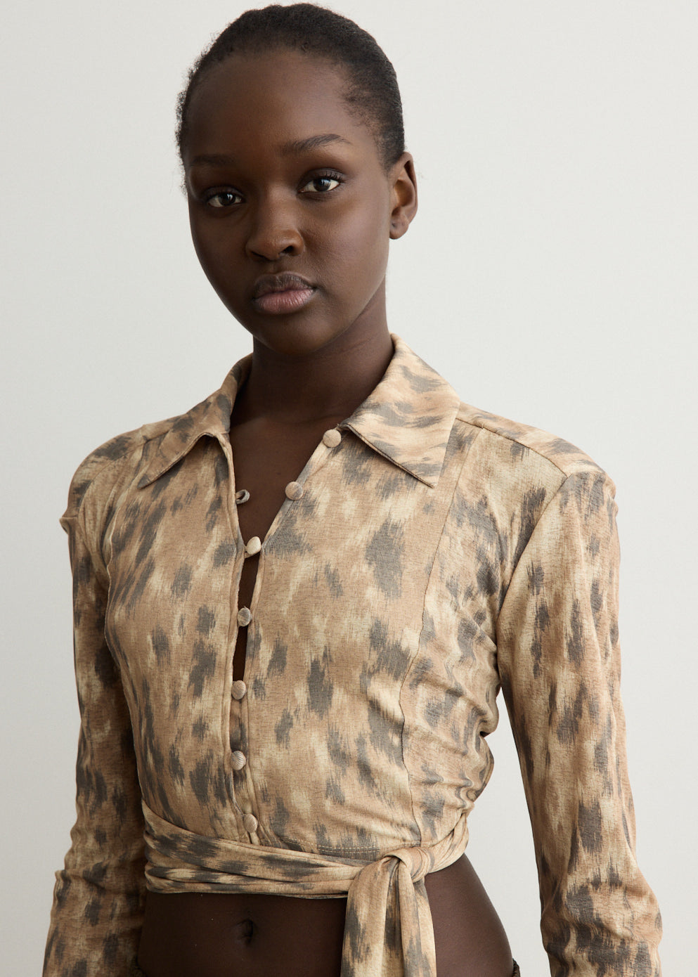 Printed Cropped Tie Blouse