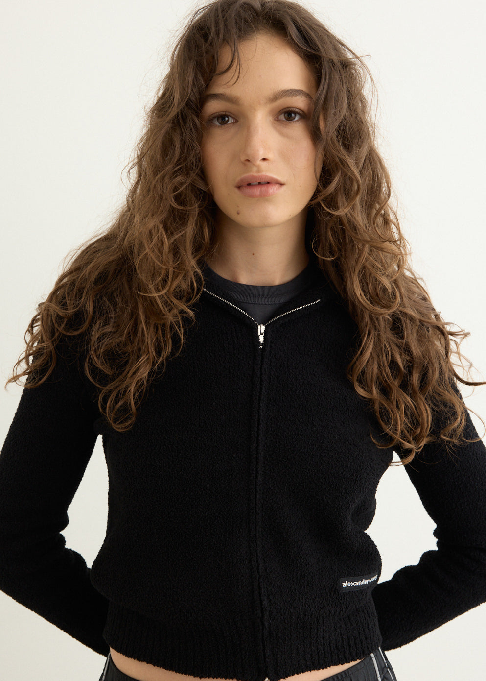 Shrunken Zip Up Hoodie With Knit Logo Label