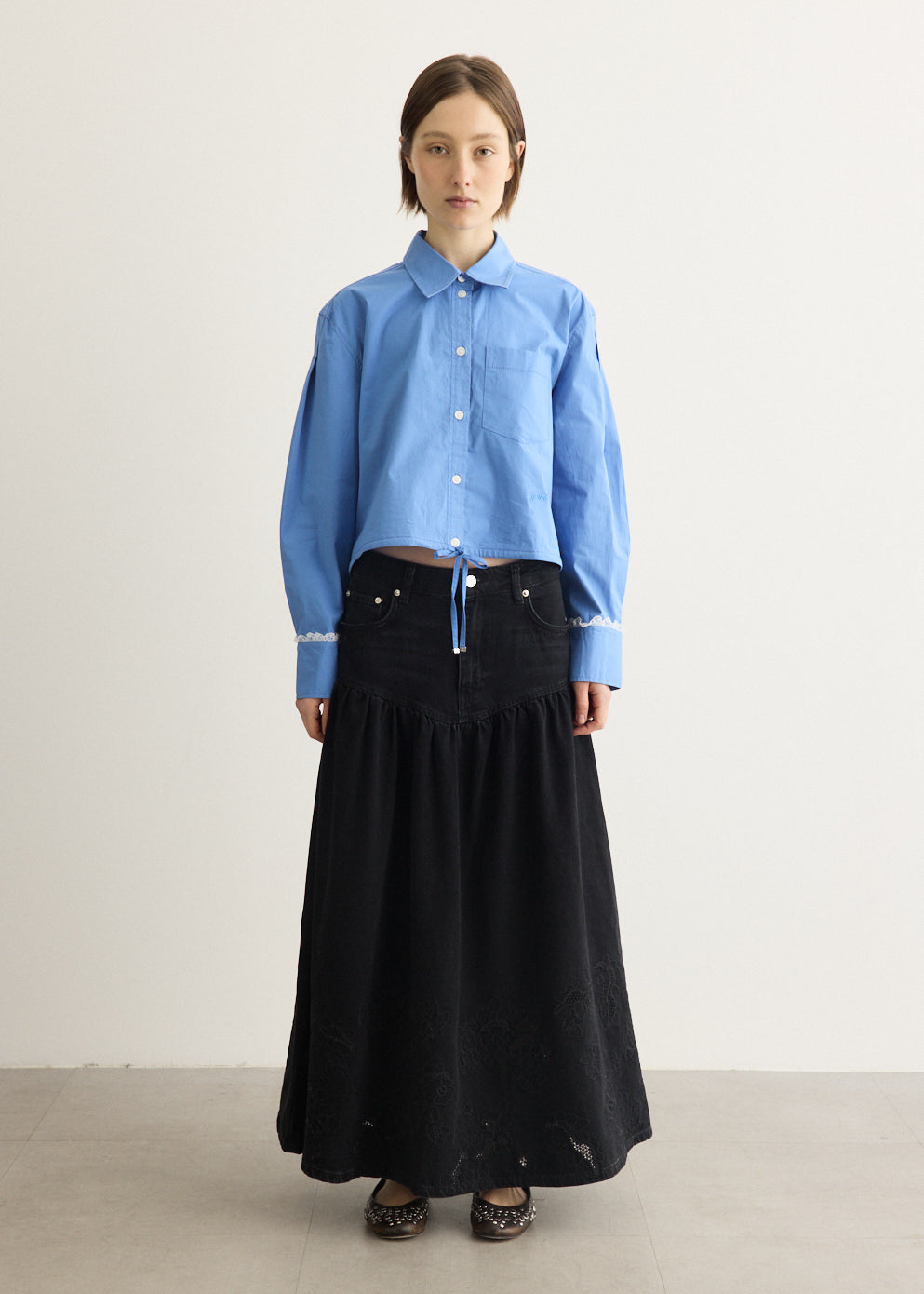 Broderie Anglaise Denim Midi Skirt