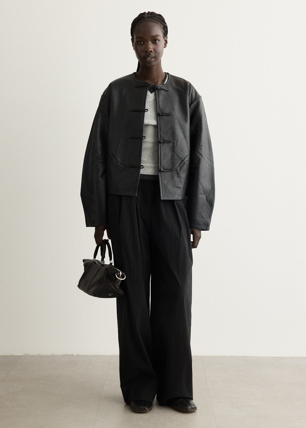 Button Detail Cocoon Leather Jacket
