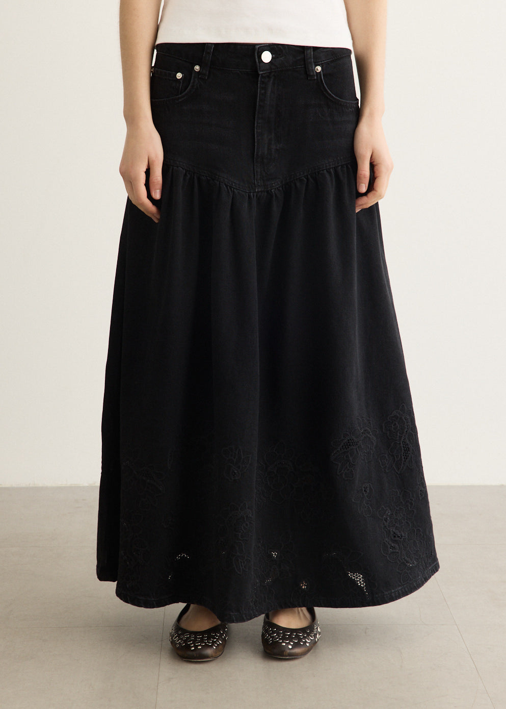 Broderie Anglaise Denim Midi Skirt