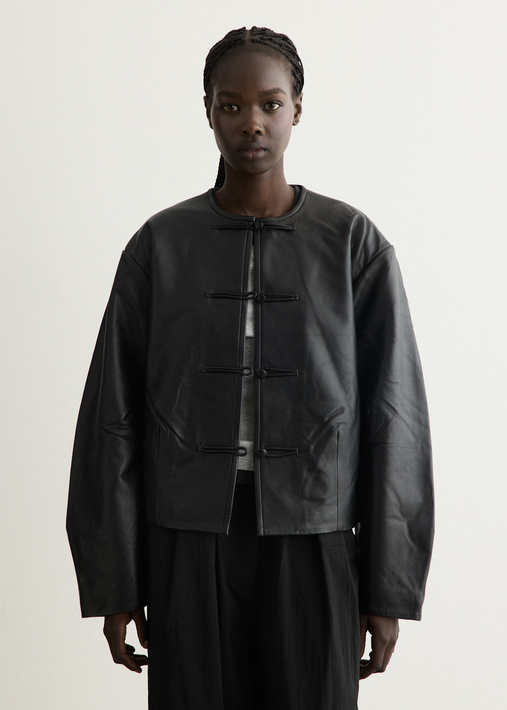 Button Detail Cocoon Leather Jacket