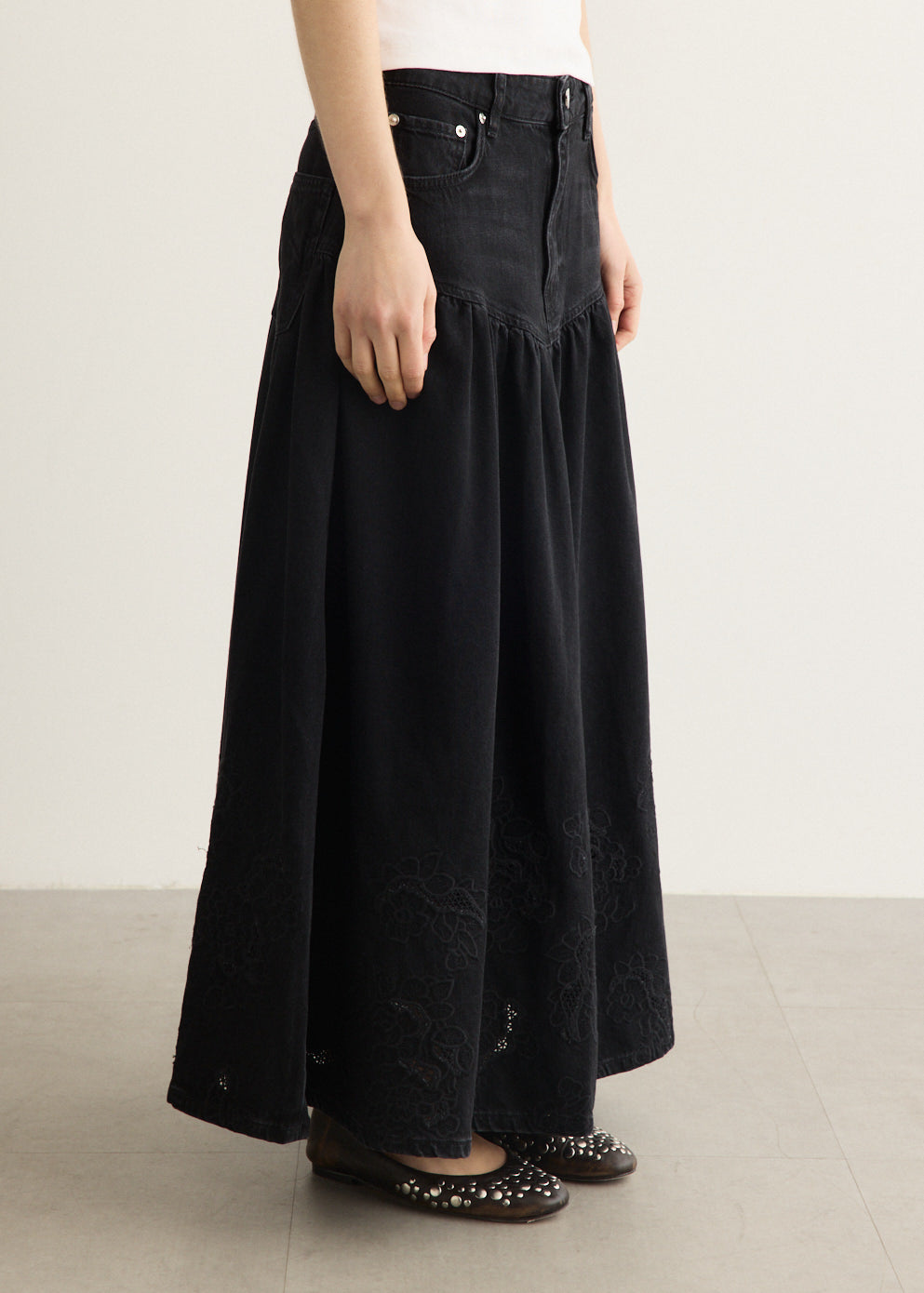 Broderie Anglaise Denim Midi Skirt