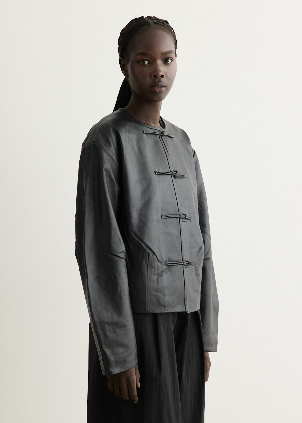 Button Detail Cocoon Leather Jacket