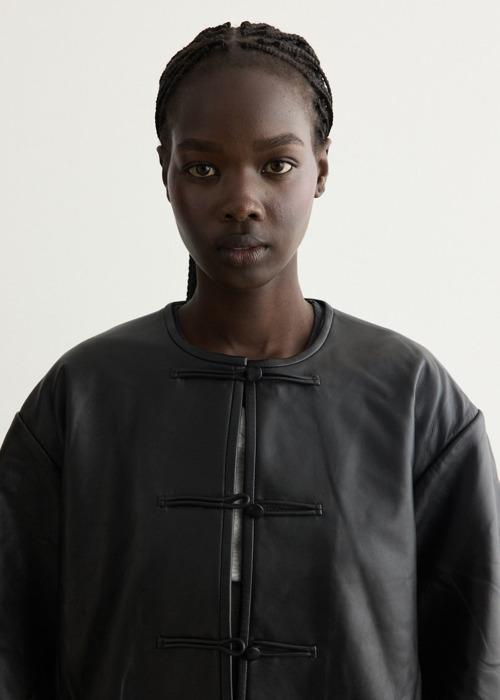 Button Detail Cocoon Leather Jacket