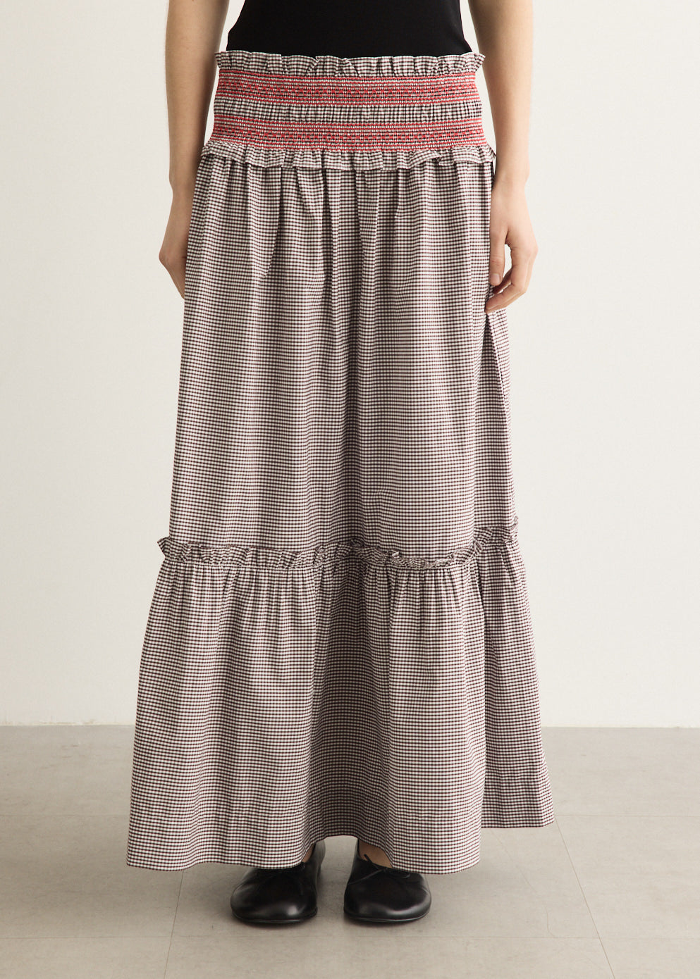 Check Cotton Smocked Waist Long Skirt