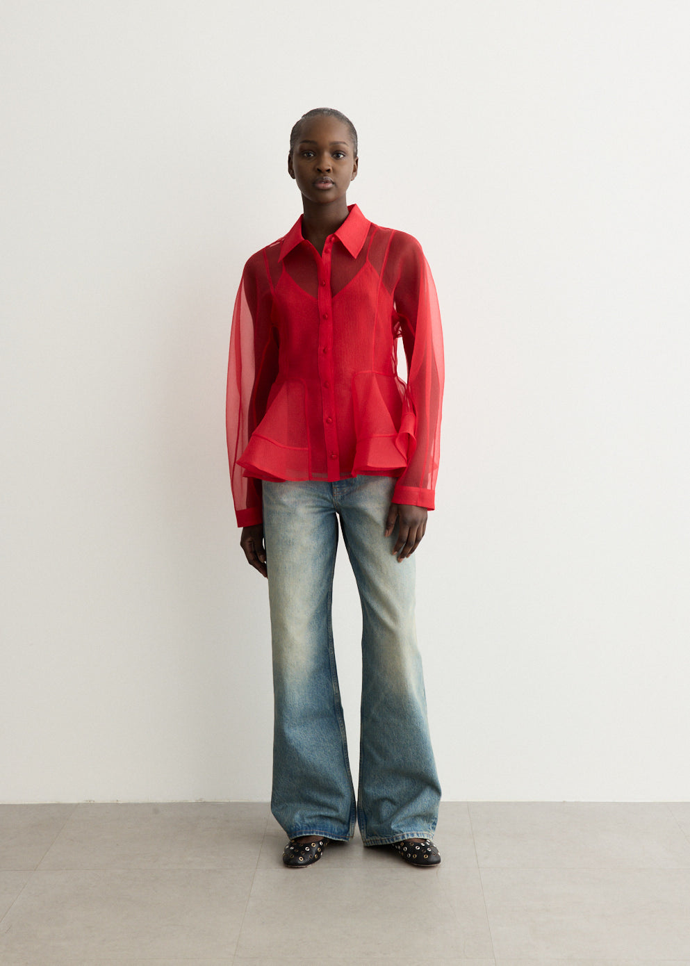 Textured Organza Peplum Shirt