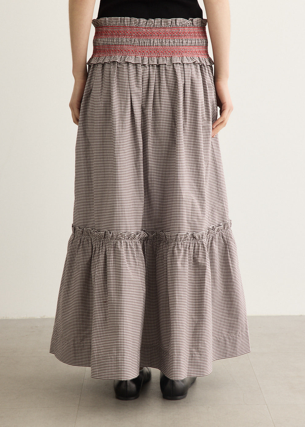 Check Cotton Smocked Waist Long Skirt
