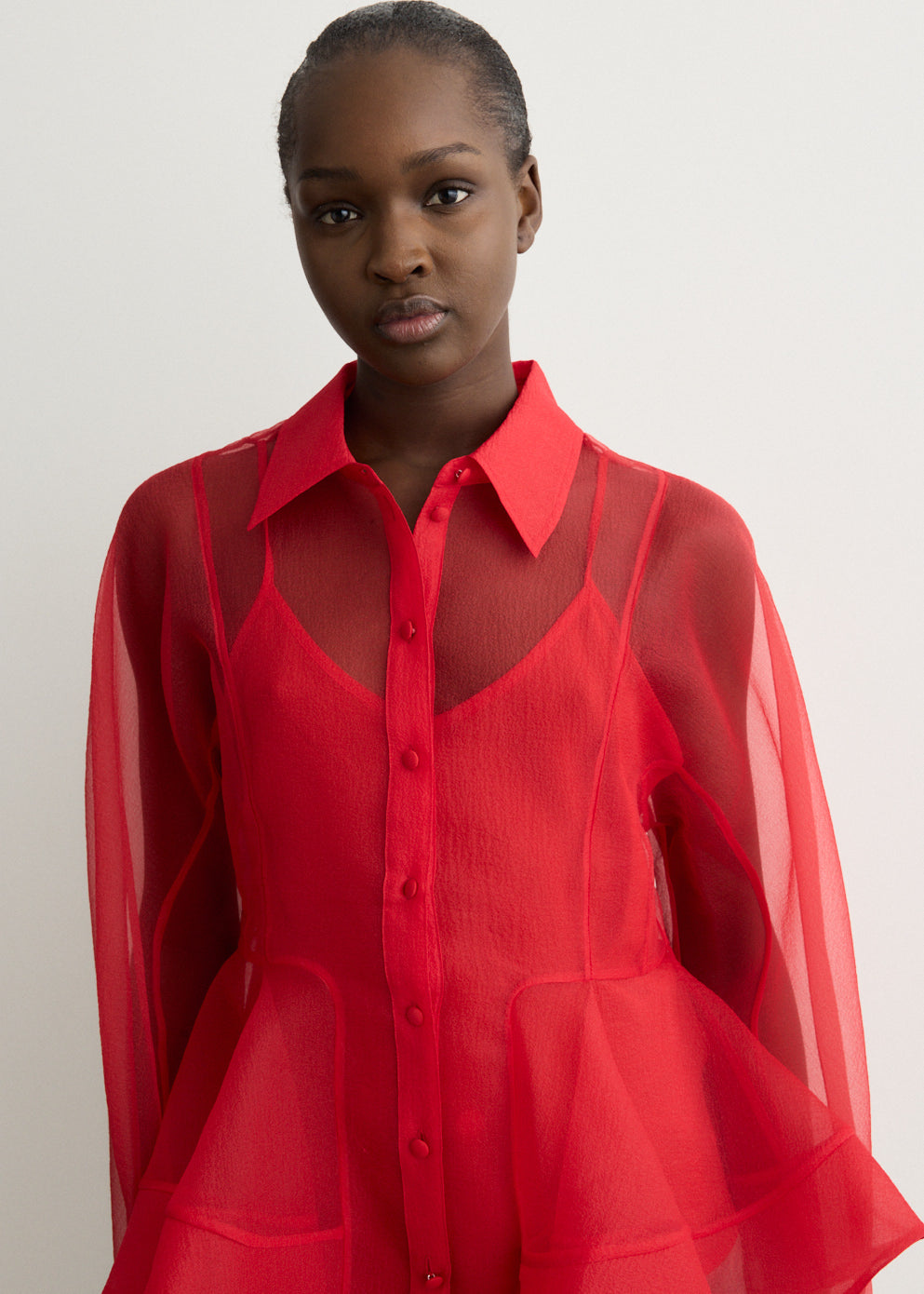 Textured Organza Peplum Shirt
