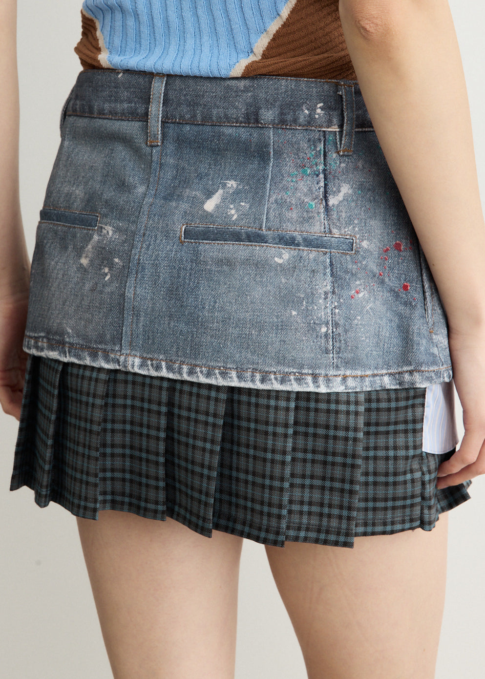 Painted Denim Layered Mini Pleats Skirt