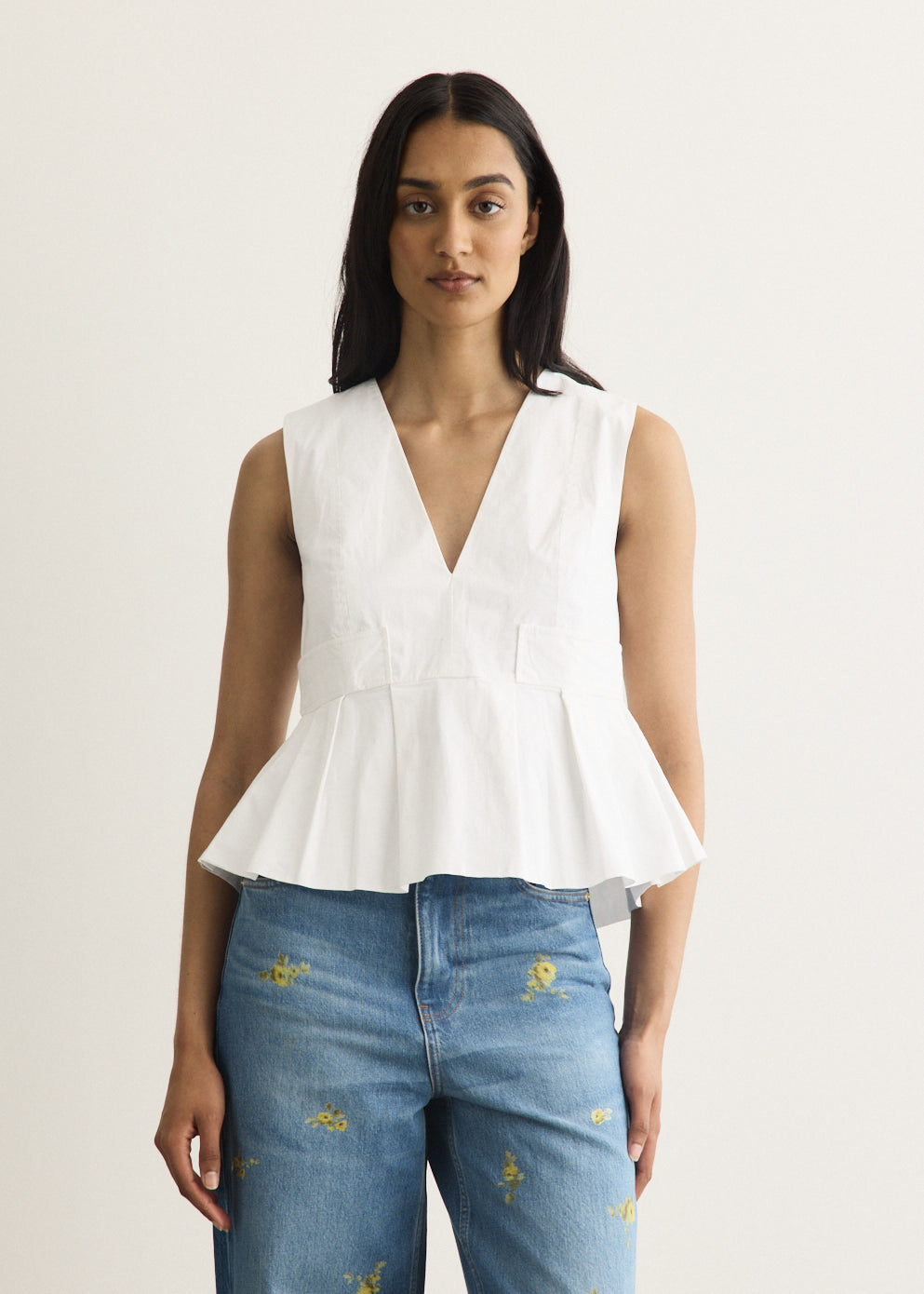 Stretch Cotton V-neck Pocket Blouse