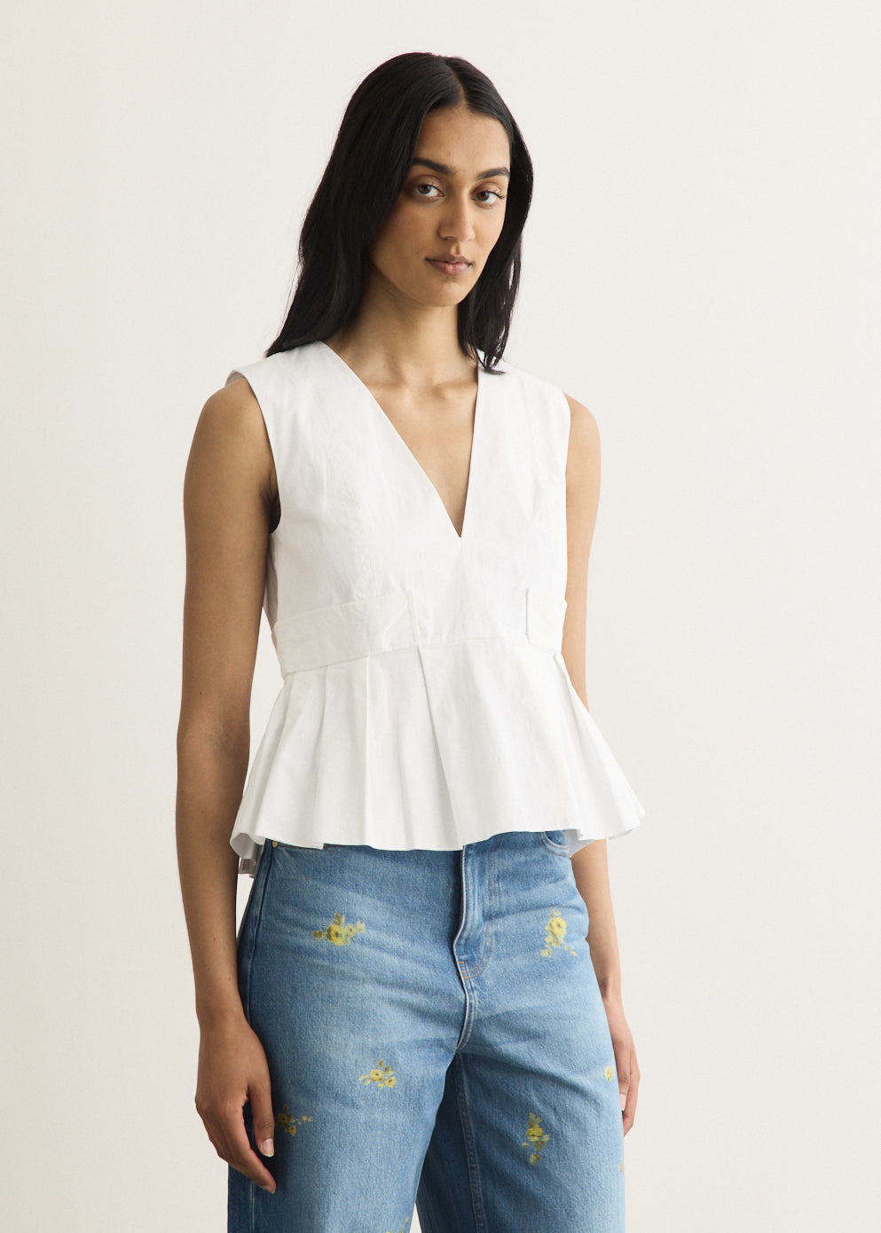 Stretch Cotton V-neck Pocket Blouse