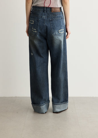 Oil Washed Rolled Up Jeans