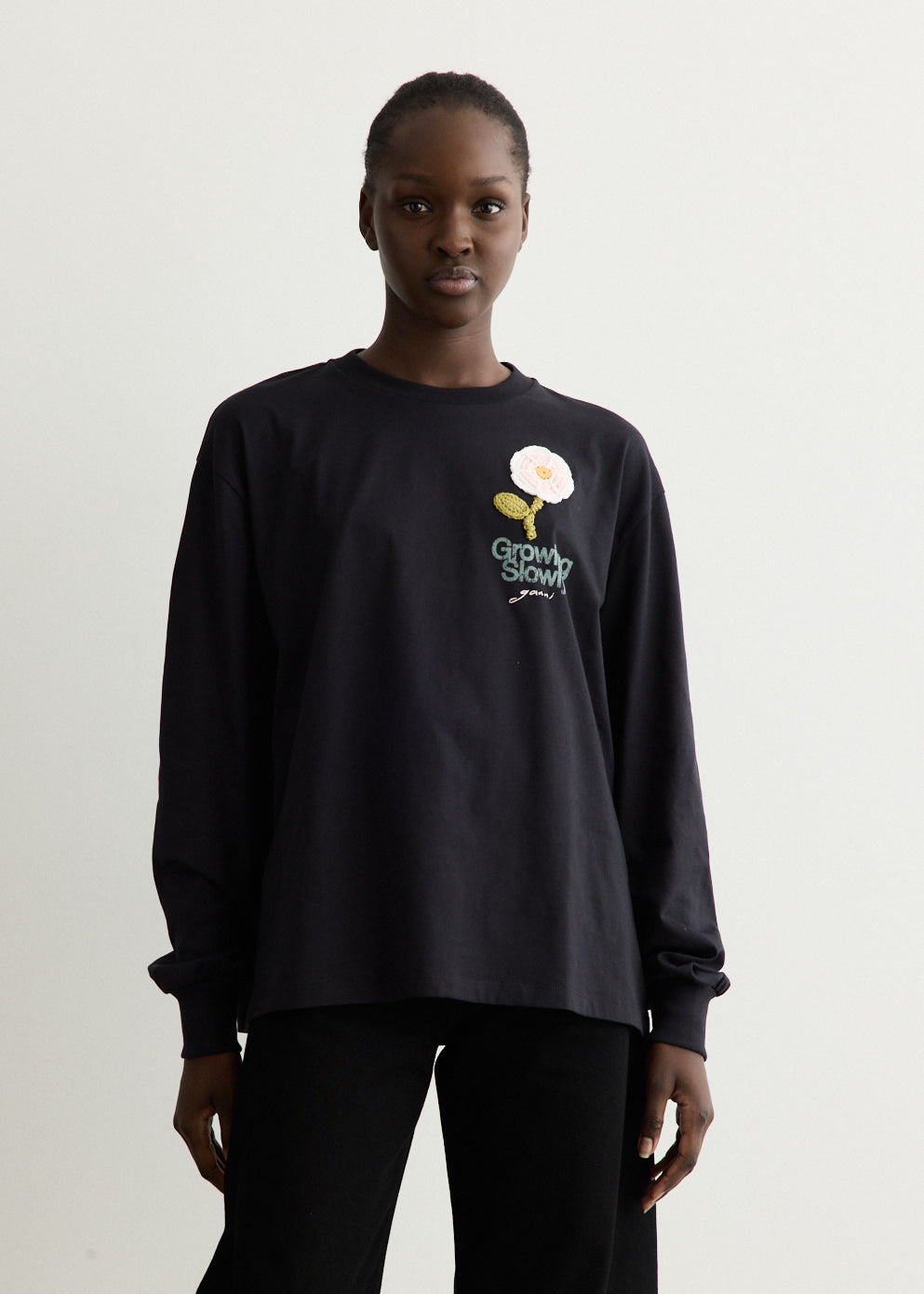 Basic Cotton Jersey Long Sleeve Crochet Patch T-Shirt