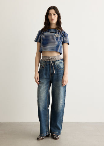 Shirring Binding Stripe Collar Top