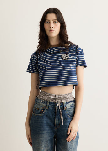 Shirring Binding Stripe Collar Top