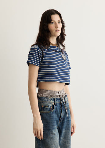Shirring Binding Stripe Collar Top