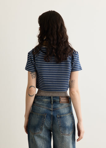 Shirring Binding Stripe Collar Top