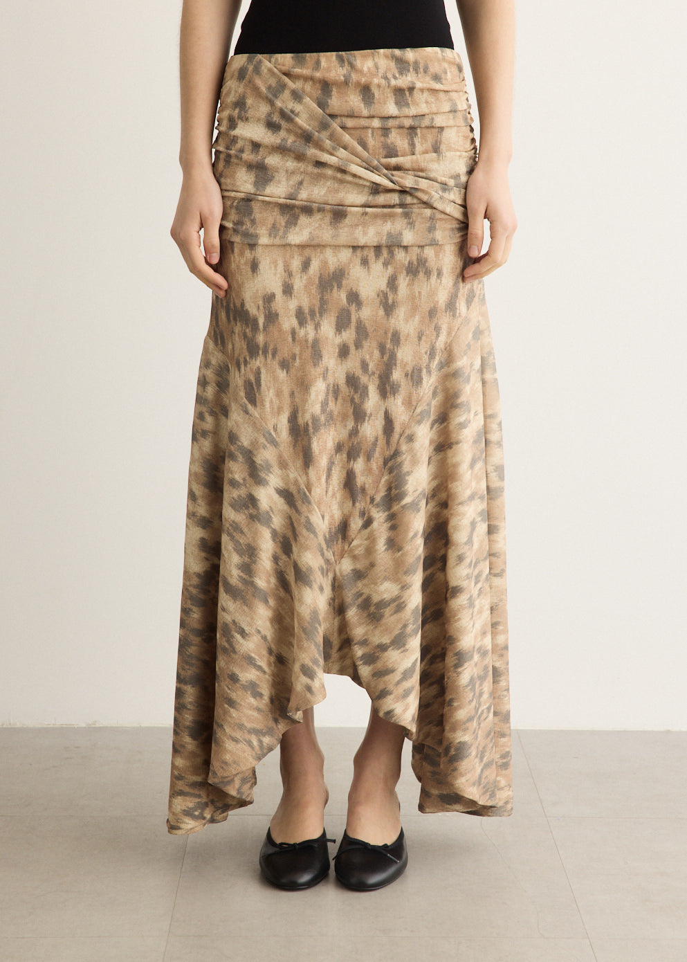 Printed Marl Mesh Draped Long Skirt