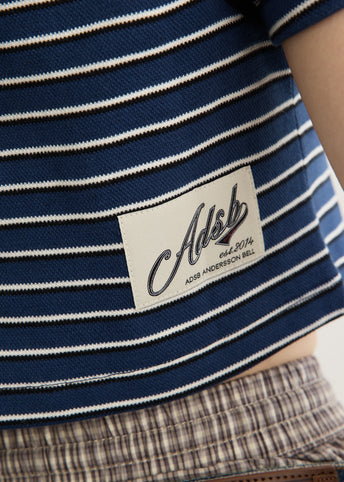 Shirring Binding Stripe Collar Top