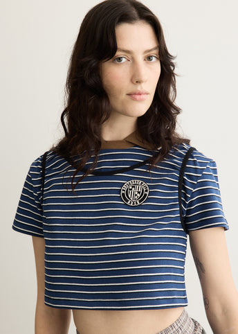Shirring Binding Stripe Collar Top