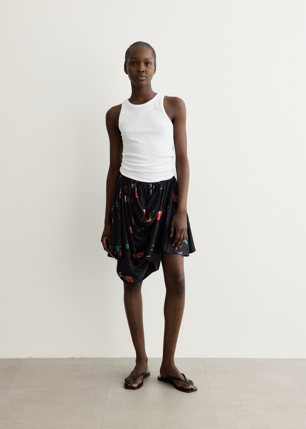 Printed Stretch Satin Draped Mini Skirt