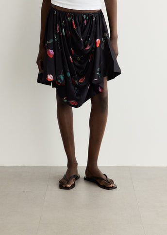 Printed Stretch Satin Draped Mini Skirt