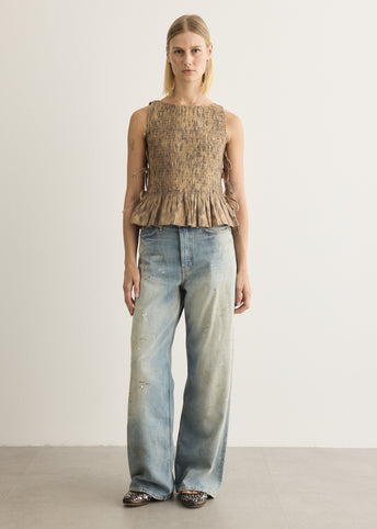 Printed Stretch Cotton Smocked Tie String Top