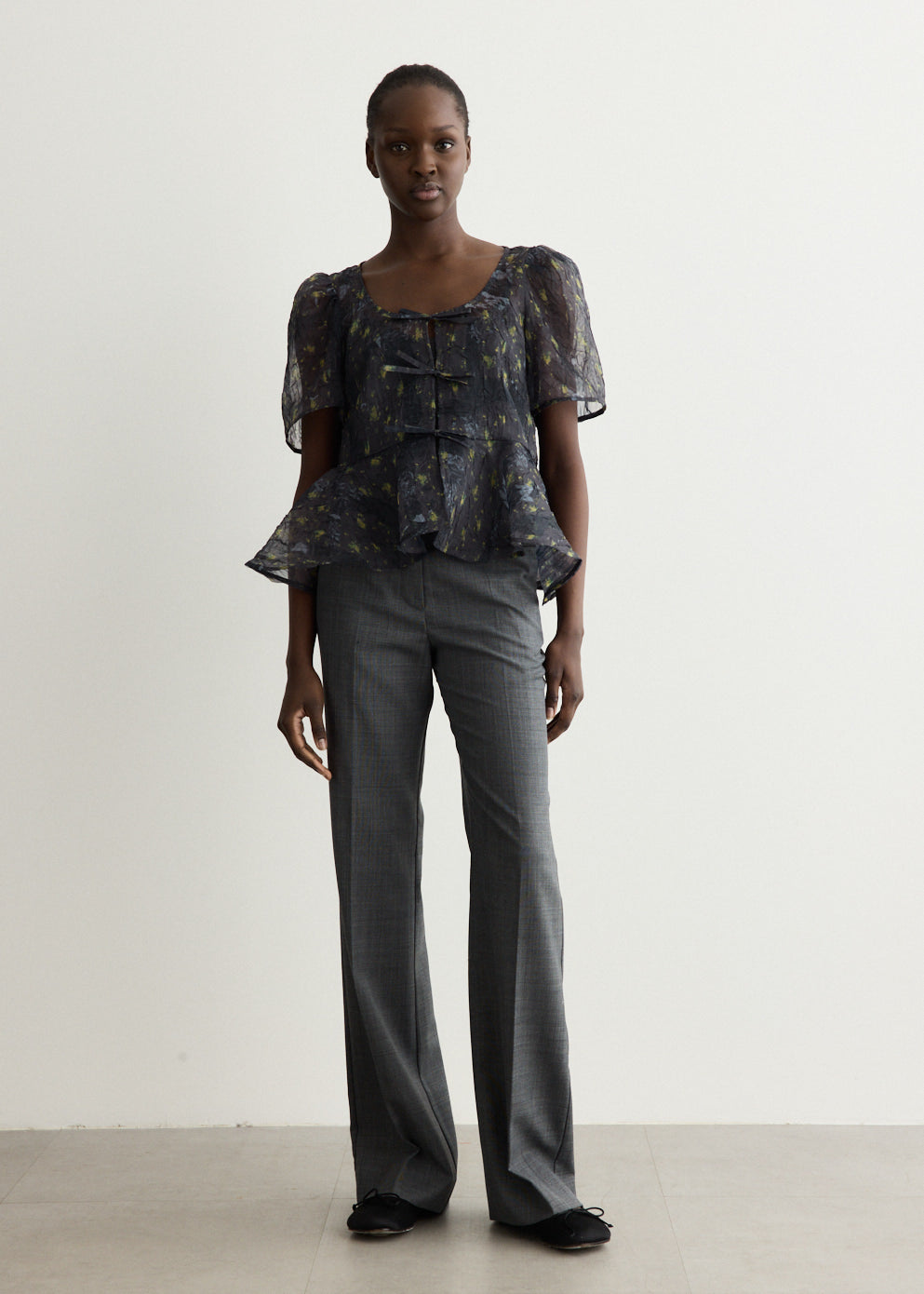 Printed Shibori Organza Sun Cut Peplum Blouse