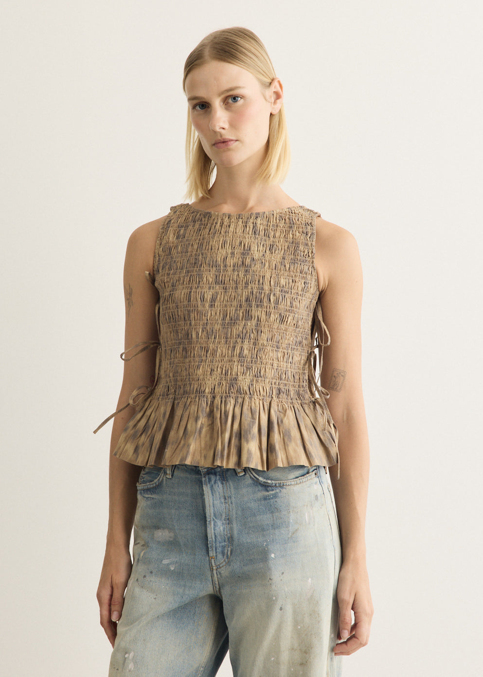 Printed Stretch Cotton Smocked Tie String Top