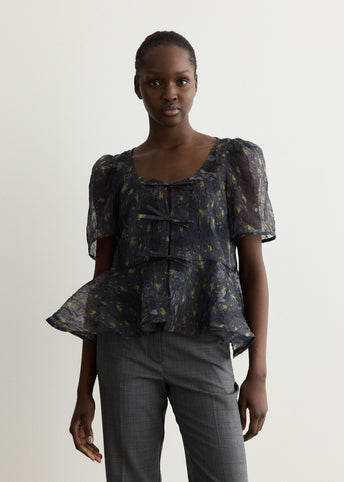 Printed Shibori Organza Sun Cut Peplum Blouse