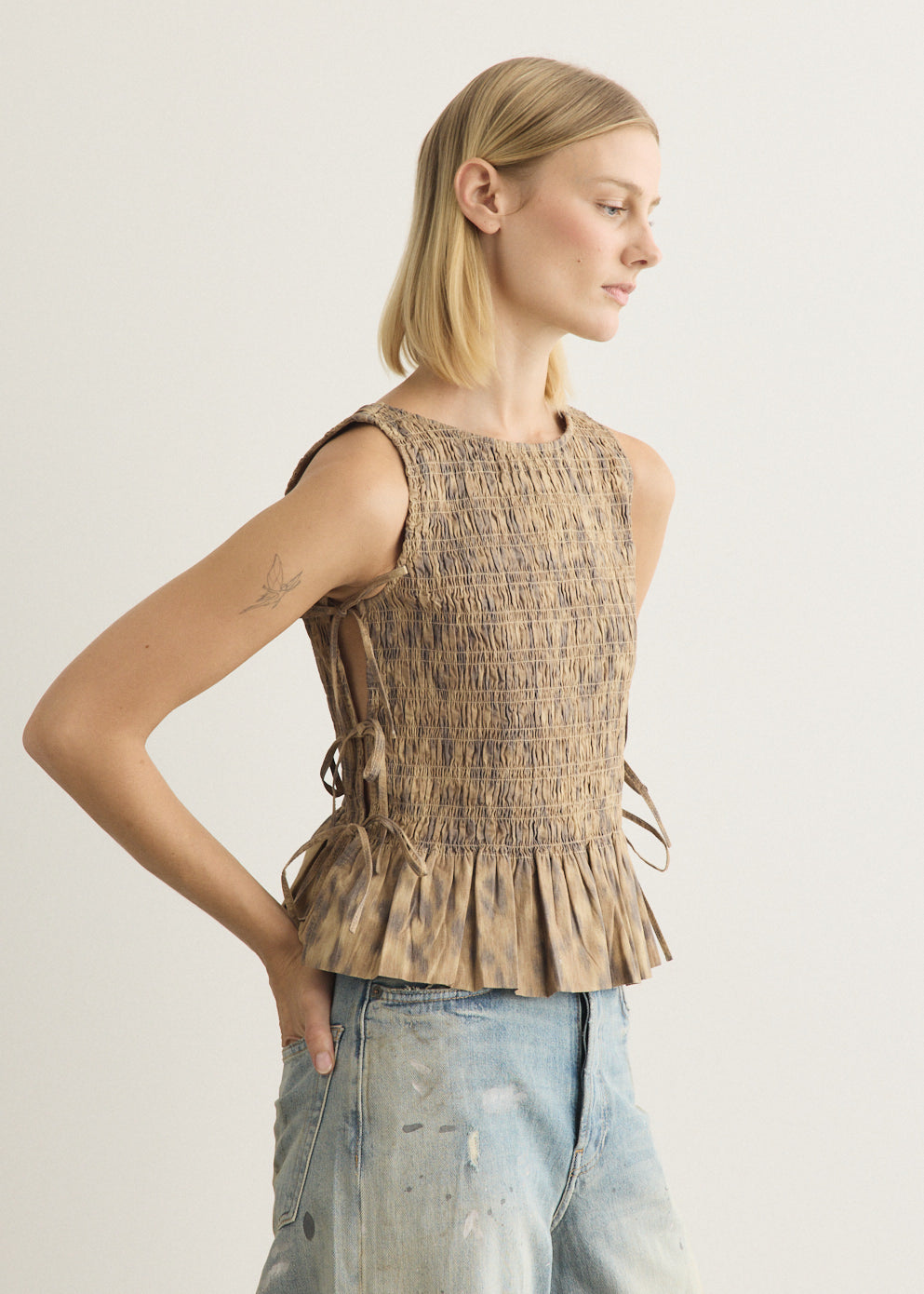 Printed Stretch Cotton Smocked Tie String Top