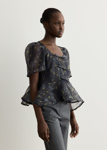 Printed Shibori Organza Sun Cut Peplum Blouse