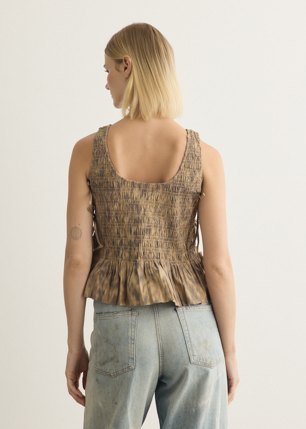 Printed Stretch Cotton Smocked Tie String Top