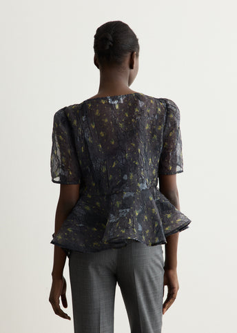 Printed Shibori Organza Sun Cut Peplum Blouse