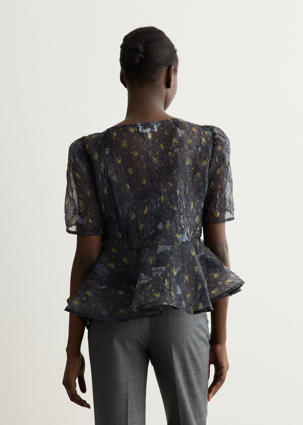 Printed Shibori Organza Sun Cut Peplum Blouse