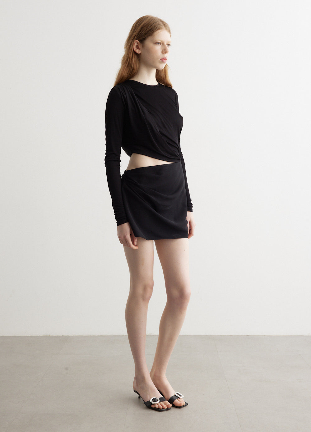 Ribbed Twist Long Sleeve Drape Mini Dress - Main Image