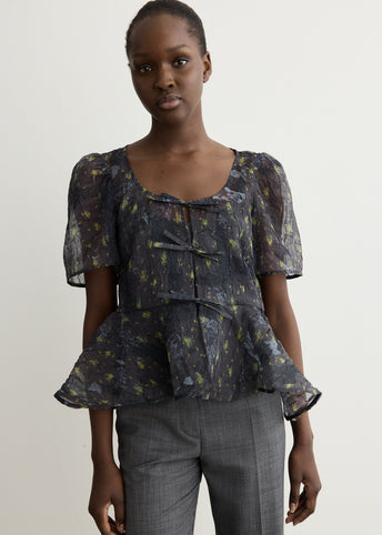 Printed Shibori Organza Sun Cut Peplum Blouse