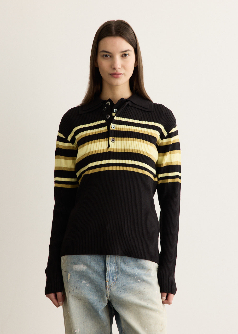 Layered Collar Pit Stripe Polo Sweater