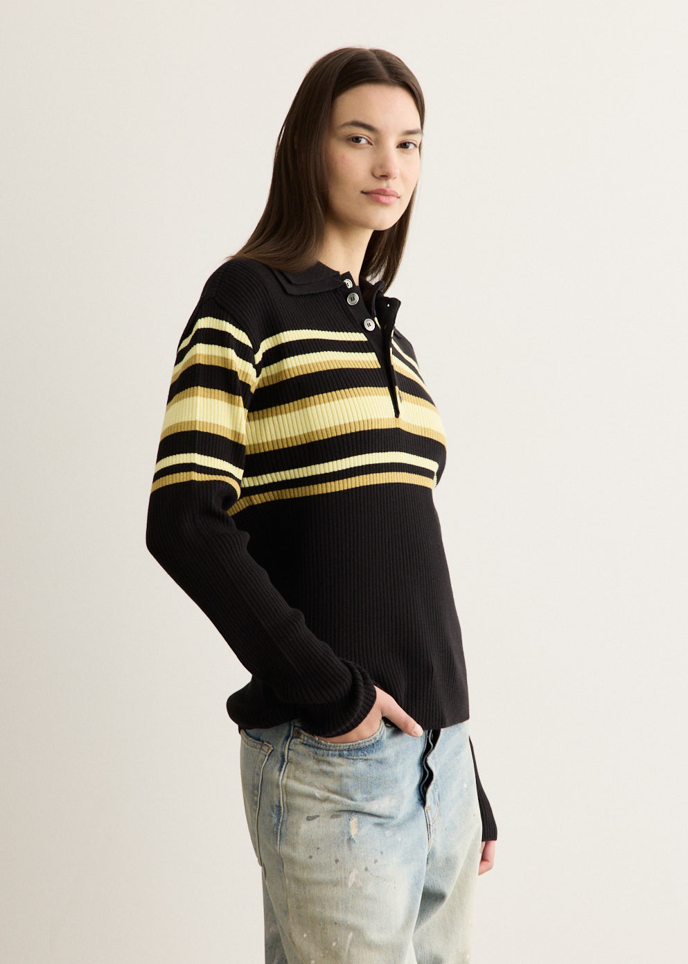 Layered Collar Pit Stripe Polo Sweater