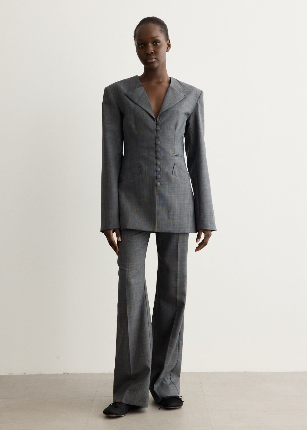Wool Melange Suiting Long Button Blazer
