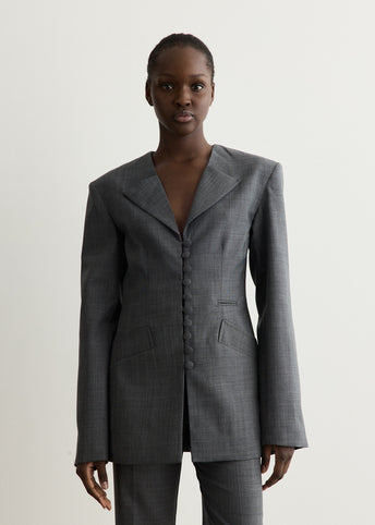 Wool Melange Suiting Long Button Blazer