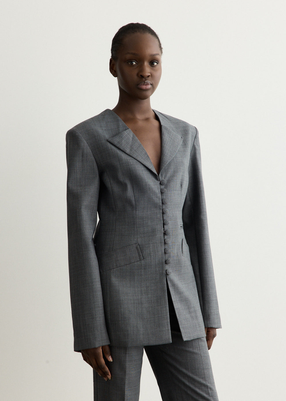 Wool Melange Suiting Long Button Blazer
