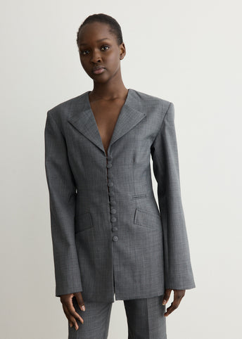 Wool Melange Suiting Long Button Blazer